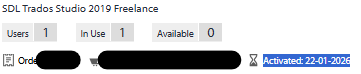 Screenshot showing SDL Trados Studio 2019 Freelance license details with 1 user, 1 in use, 0 available, and activation date of 22-01-2026.