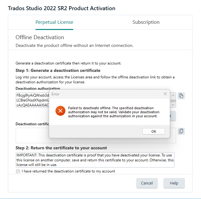 Trados Studio 2022 SR2 Product Activation screen showing offline deactivation steps. An error popup states 'Failed to deactivate offline. The specified deactivation authorization may not be valid.'