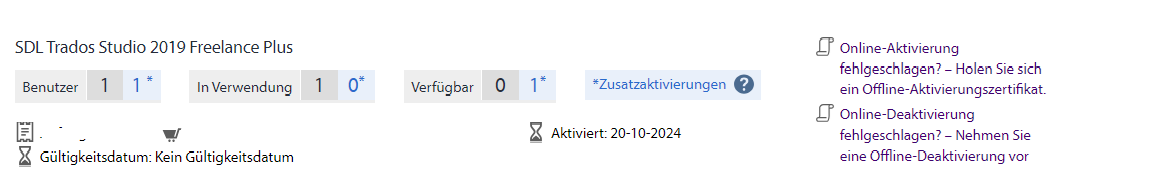 A screenshot of the SDL Trados Studio 2019 Freelance Plus license details, showing user count, usage, availability, and activation date. Includes messages about online activation and deactivation failures.