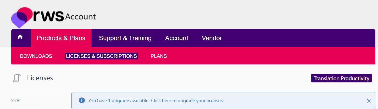 RWS Account page showing the 'Products & Plans' tab with 'Licenses & Subscriptions' highlighted. A message reads: 'You have 1 upgrade available. Click here to upgrade your licenses.'