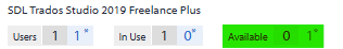 License status for SDL Trados Studio 2019 Freelance Plus showing Users: 1, In Use: 0, and Available: 1 in green.