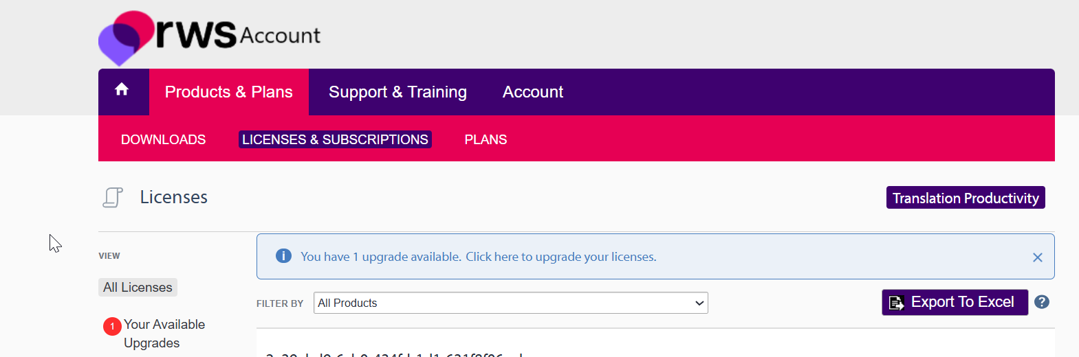 RWS Account page showing the Licenses tab with a message indicating 1 upgrade available and options to filter by product or export to Excel.