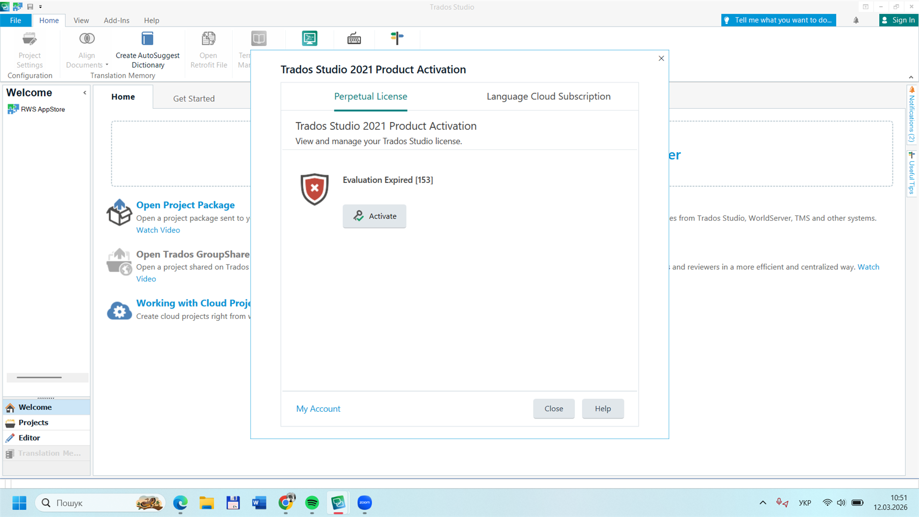 Trados Studio 2021 Product Activation window showing 'Evaluation Expired 153' message with an 'Activate' button. The background displays the main Trados Studio interface.