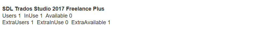 Screenshot showing SDL Trados Studio 2017 Freelance Plus license details: Users 1, InUse 1, Available 0, ExtraUsers 1, ExtraInUse 0, ExtraAvailable 1.