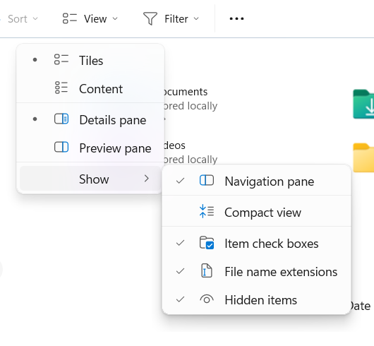 Screenshot of the Windows File Explorer View menu with the Show submenu expanded, displaying options like Navigation pane, Compact view, Item check boxes, File name extensions, and Hidden items.
