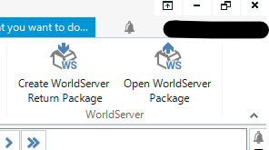 Screenshot of the WorldServer ribbon in Trados, showing two buttons: 'Create WorldServer Return Package' and 'Open WorldServer Package', each with a WS icon above.
