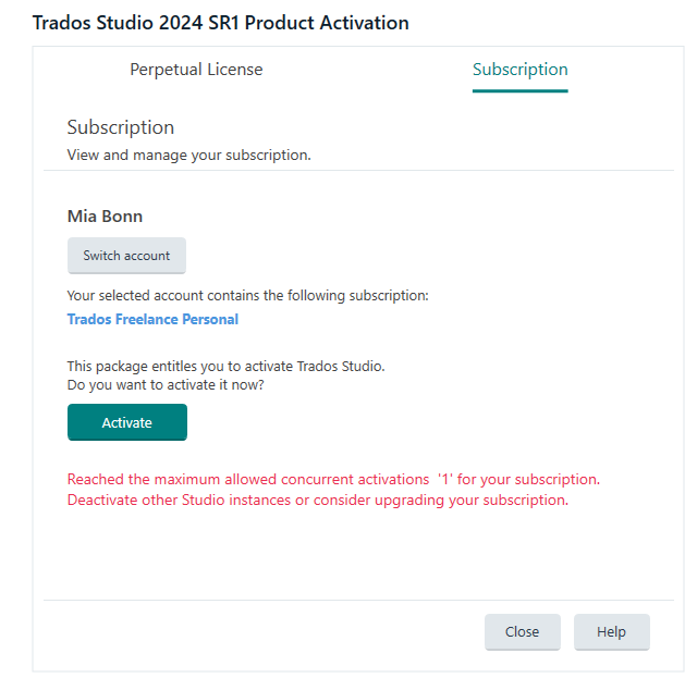 Screenshot of Trados Studio 2024 SR1 Product Activation page showing a subscription tab. Error message in red states maximum allowed concurrent activations '1' has been reached.