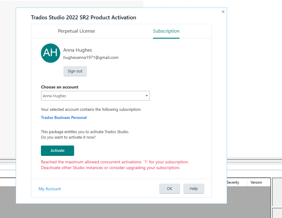 Trados Studio 2022 SR2 Product Activation window showing a subscription tab. The message indicates the maximum allowed concurrent activations for the subscription has been reached.