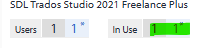 A screenshot showing SDL Trados Studio 2021 Freelance Plus with 'Users' set to 1, 'In Use' highlighted in green with the value 1.