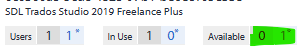 A screenshot showing SDL Trados Studio 2019 Freelance Plus license details. Users: 1, In Use: 0, Available: 0 with a green-highlighted 1 indicating one free activation.