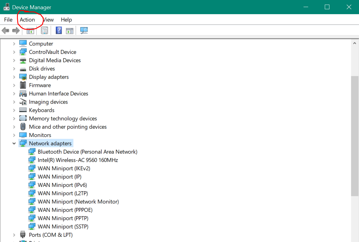 Device Manager window showing a list of devices, with the 'Action' menu circled in red and 'Network adapters' expanded to display various network devices.