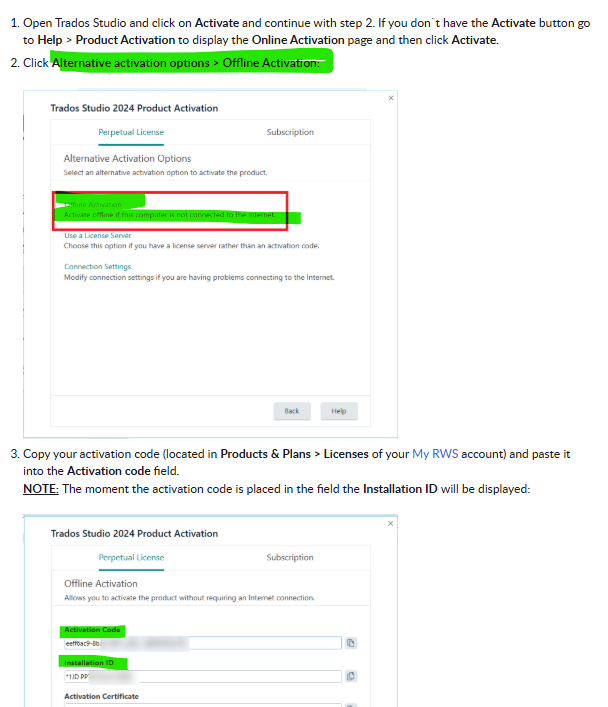 Screenshot of the Trados Studio 2024 Product Activation window showing the 'Alternative Activation Options' section with 'Offline Activation' highlighted.