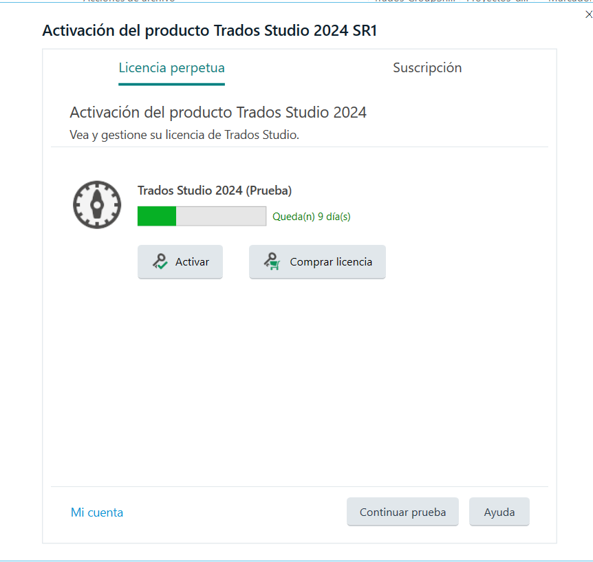 Screenshot of the Trados Studio 2024 SR1 activation screen showing a trial license with 9 days remaining. Buttons for 'Activate' and 'Buy License' are visible, along with 'Continue Trial' and 'Help' options.