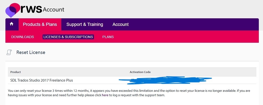 RWS Account page showing the 'Licenses & Subscriptions' tab. A message states that the license reset limit for SDL Trados Studio 2017 Freelance Plus has been exceeded.