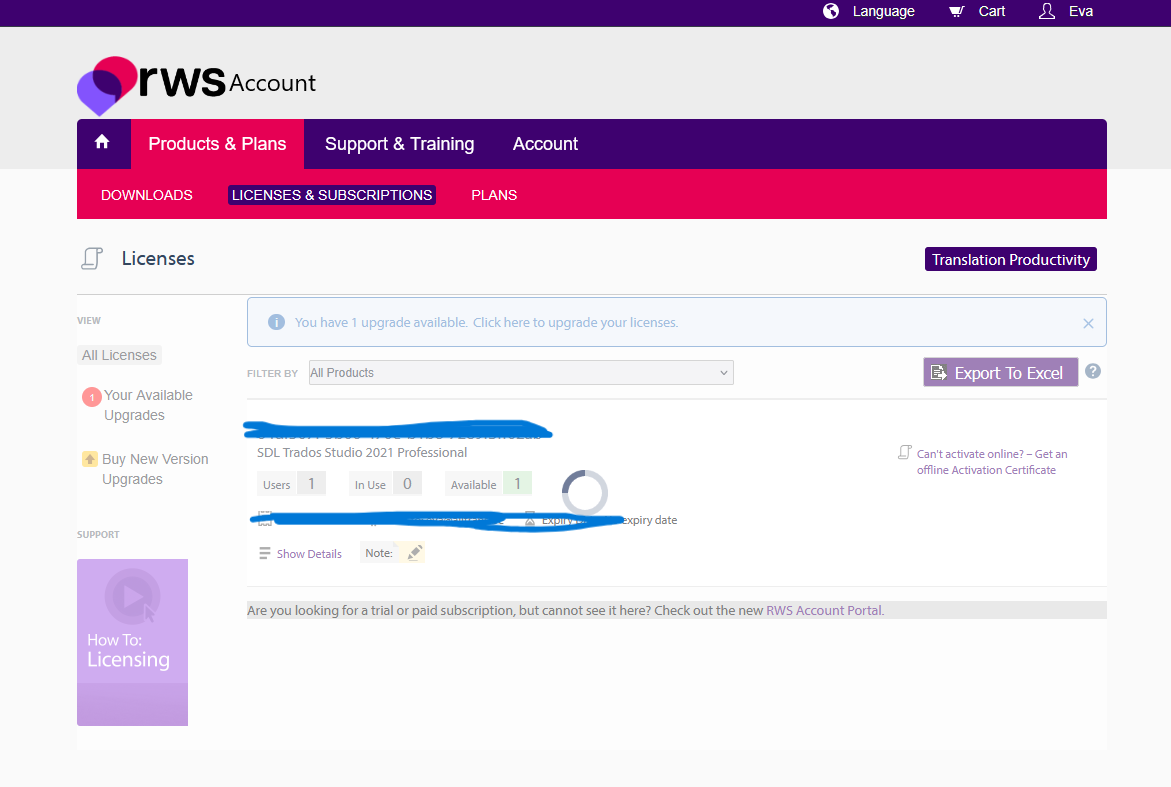 RWS Account page showing the Licenses & Subscriptions section with a license for SDL Trados Studio 2021 Professional. The license status shows 1 available, 0 in use, and a spinning wheel.