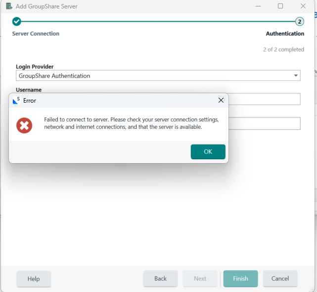 Error message displayed in the Add GroupShare Server window. The message reads: 'Failed to connect to server. Please check your server connection settings, network and internet connections, and that the server is available.'