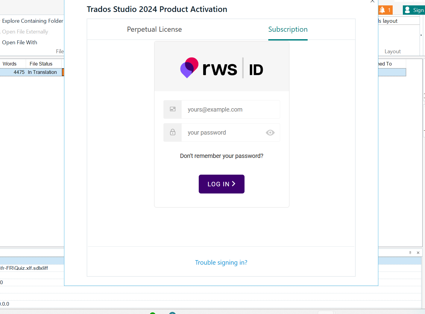 Trados Studio 2024 Product Activation screen showing the Subscription tab with fields for email and password, a 'Log In' button, and a 'Trouble signing in?' link.