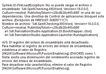 Error message in Spanish indicating a System.IO.FileLoadException due to a blocked assembly 'Sdl.SpellChecking.MSWord' and instructions to enable assembly binding logging.