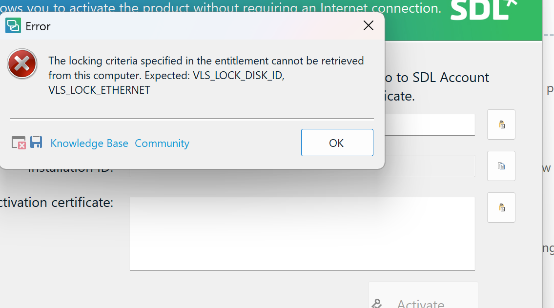 Error message window with a red cross icon stating: 'The locking criteria specified in the entitlement cannot be retrieved from this computer. Expected: VLS_LOCK_DISK_ID, VLS_LOCK_ETHERNET.' Below are 'Knowledge Base' and 'Community' links, and an 'OK' button.