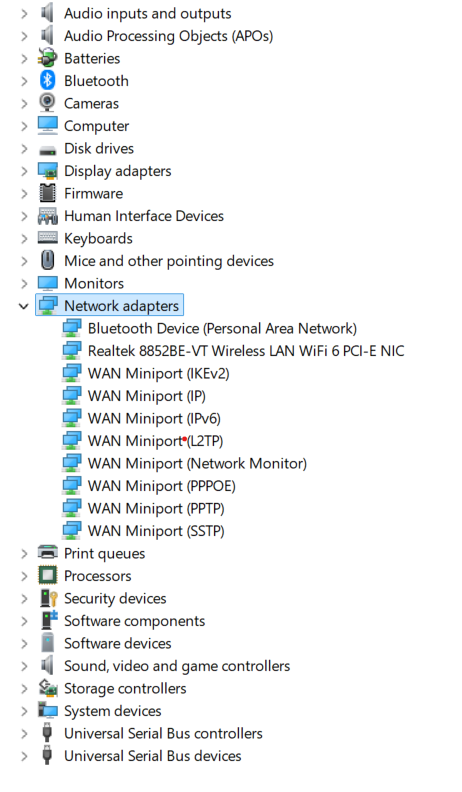 Device Manager window showing a list of hardware categories, with 'Network adapters' expanded to display various adapters including Realtek 8852BE-VT Wireless LAN WiFi 6 PCI-E NIC.
