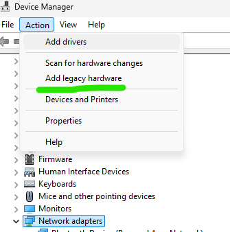 Screenshot of the Device Manager window with the Action menu open, showing options like Add drivers, Scan for hardware changes, and Add legacy hardware. Network adapters is selected.