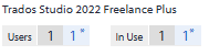 Screenshot showing Trados Studio 2022 Freelance Plus license details with 'Users' set to 1, 'In Use' set to 1, and both values marked with an asterisk.