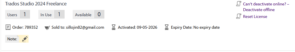 Trados Studio 2024 Freelance license details showing 1 user, 1 in use, 0 available, order number 789352, sold to sillojin82@gmail.com, activated on 09-05-2026, no expiry date.