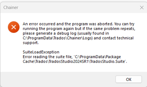 Error message window titled 'Chainer' with a red error icon. The message reads: 'An error occurred and the program was aborted. You can try running the program again but if the same problem repeats, please generate a debug log (usually found in C:ProgramDataTradosChainerLogs) and contact technical support. SuiteLoadException: Error reading the suite file, 'C:ProgramDataPackage CacheTradosTradosStudio2024SR1TradosStudio.Suite'.' An 'OK' button is at the bottom right.