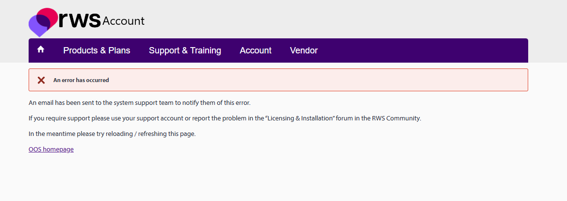 RWS Account page showing an error message: 'An error has occurred.' Instructions suggest reloading the page or contacting support. Navigation menu includes Products & Plans, Support & Training, Account, and Vendor.