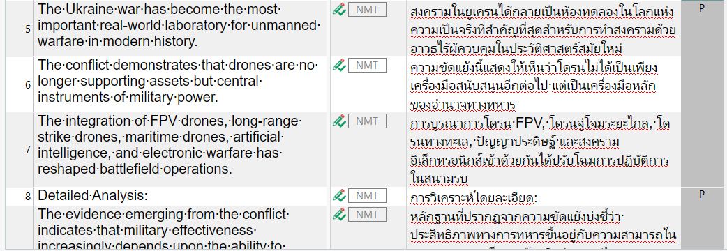 A table showing English text on the left and corresponding Thai translations on the right, with NMT icons and a column labeled 'P' on the far right.