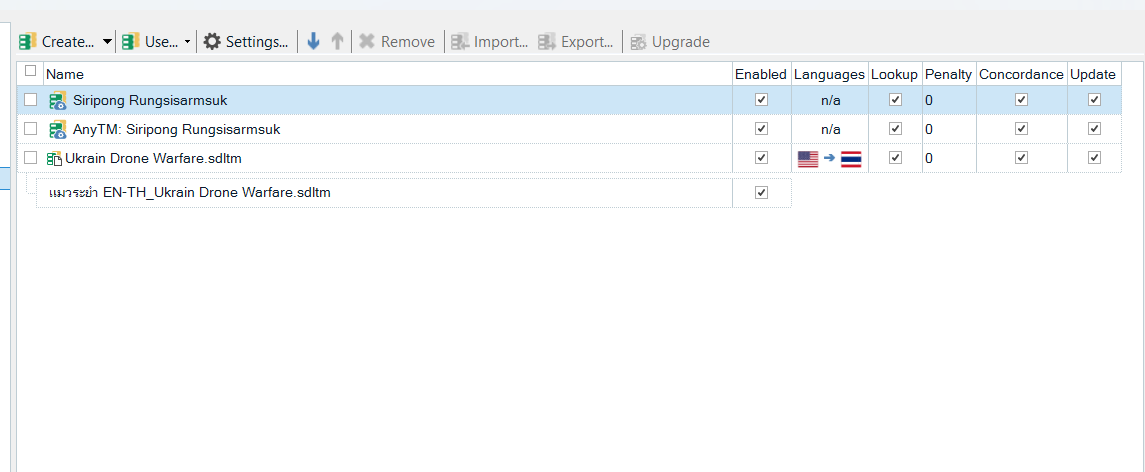 A software interface displaying a list of translation memories, including names, enabled status, languages, lookup, penalty, concordance, and update columns.