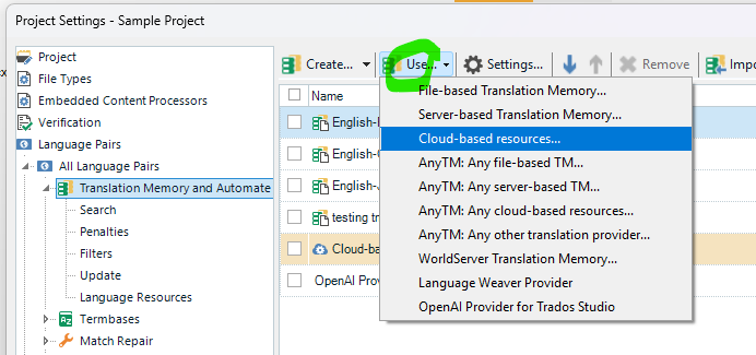 Screenshot of the Project Settings window in a software application, showing the 'Use' dropdown menu highlighted in green, with 'Cloud-based resources...' selected.