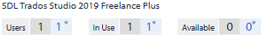 License status for SDL Trados Studio 2019 Freelance Plus showing 1 user, 1 in use, and 0 available.