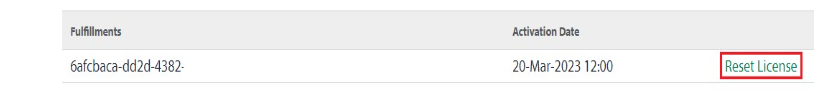 License fulfillment details showing an activation date of 20-Mar-2023 12:00 and a Reset License option highlighted.