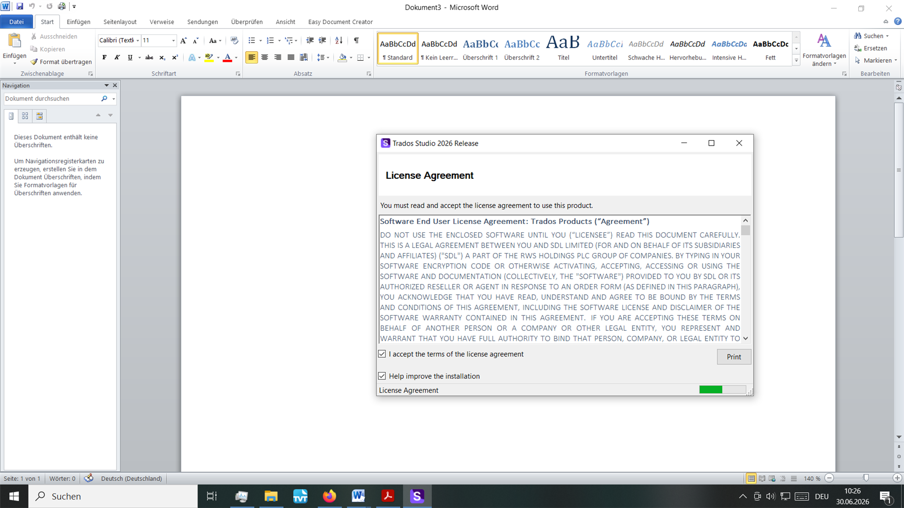Screenshot of a Microsoft Word document with a Trados Studio 2026 License Agreement window open. The green progress bar at the bottom is at 50 percent.