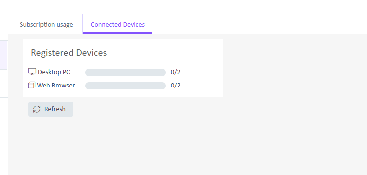 Connected Devices tab displaying registered devices with 02 for both Desktop PC and Web Browser, and a refresh button below.