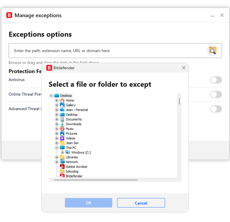 Bitdefender Manage Exceptions window showing options to add exceptions for paths, extensions, or URLs. A file selection dialog is open, displaying folders and files to choose from.