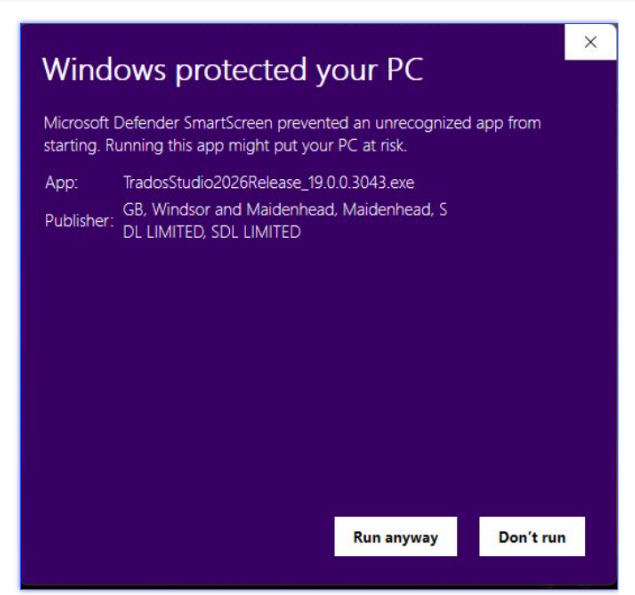 Windows Defender SmartScreen warning stating 'Windows protected your PC'. The app TradosStudio2026Release_19.0.0.3043.exe is flagged as unrecognized. Buttons: 'Run anyway' and 'Don't run'.