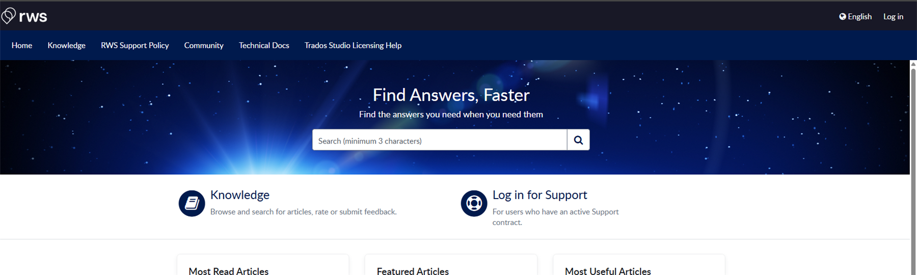 RWS support portal homepage with navigation bar, search bar, and options for Knowledge and Log in for Support.