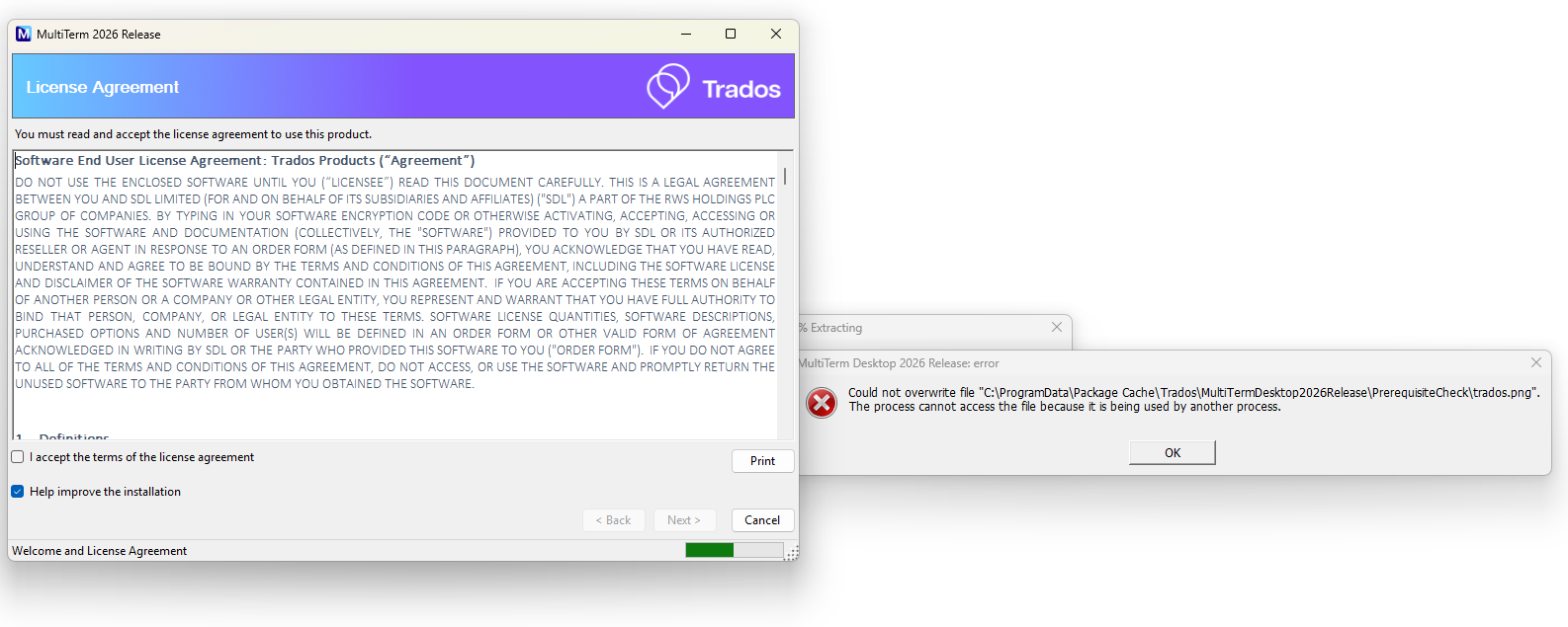 Screenshot of the MultiTerm 2026 Release License Agreement window. The agreement text is visible, with options to accept the terms and improve the installation. Buttons for Back, Next, and Cancel are at the bottom.