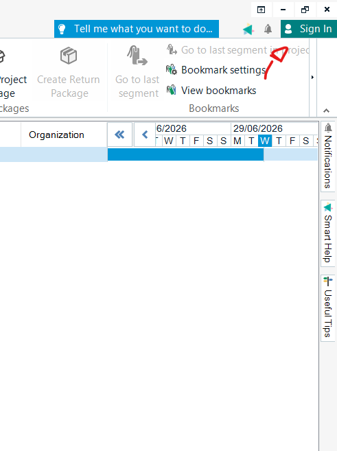 Trados Studio interface showing the Sign In option at the top right, a red arrow pointing to the Bookmark settings menu, and a calendar view in the main section.