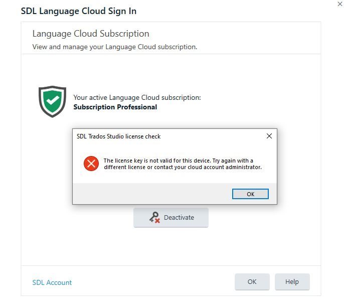 SDL Language Cloud Sign In window showing an active Language Cloud subscription: Subscription Professional. An error message 'The license key is not valid for this device. Try again with a different license or contact your cloud account administrator.' is displayed with an OK button.