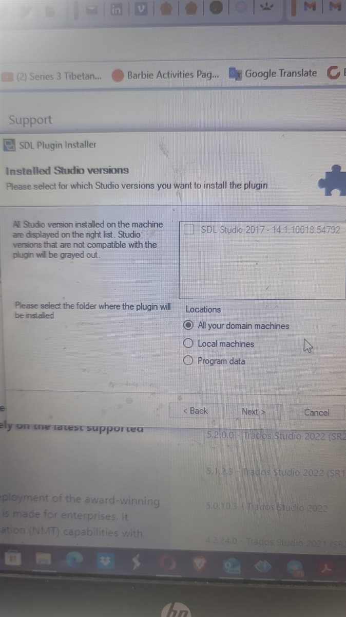 Screenshot of SDL Plugin Installer showing 'Installed Studio versions' with only 'SDL Studio 2017' available and other versions grayed out, indicating incompatibility.