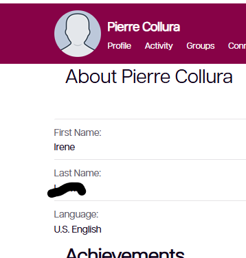 A profile page for Pierre Collura with a placeholder avatar. The page shows the first name as Irene, last name partially redacted, language as U.S. English, and a section for achievements.