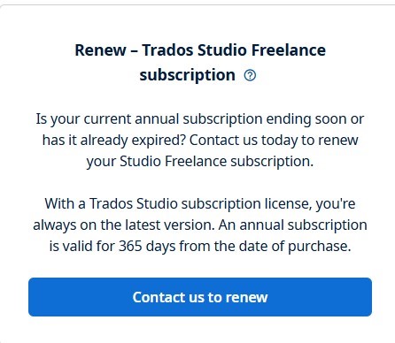 Renew - Trados Studio Freelance subscription page with information on contacting for renewal and details about the subscription's annual validity.