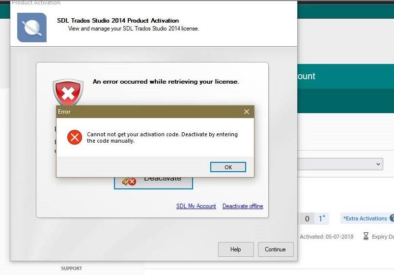 Popup error message over SDL Trados Studio 2014 Product Activation window saying 'Cannot get your activation code. Deactivate by entering the code manually.'