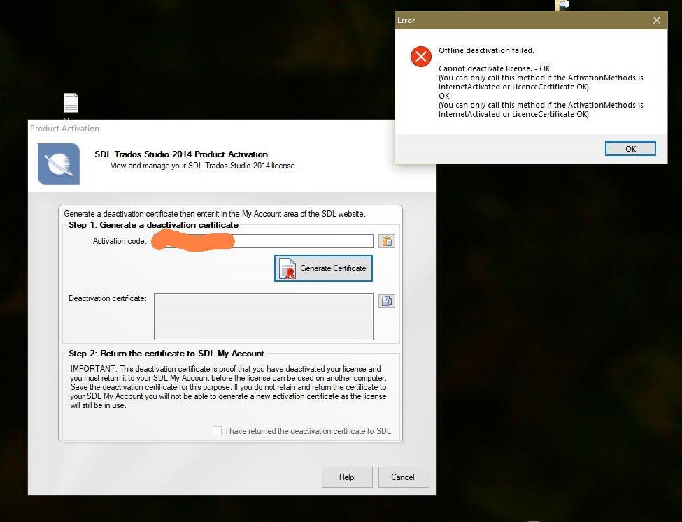 Screenshot of SDL Trados Studio 2014 Product Activation window with an error message overlay. Error reads 'Offline deactivation failed. Cannot deactivate license. - OK (You can only call this method if the ActivationMethods is InternetActivated or LicenceCertificate OK)'.