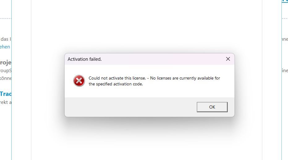 Activation failed error message stating 'Could not activate this license. No licenses are currently available for the specified activation code.'