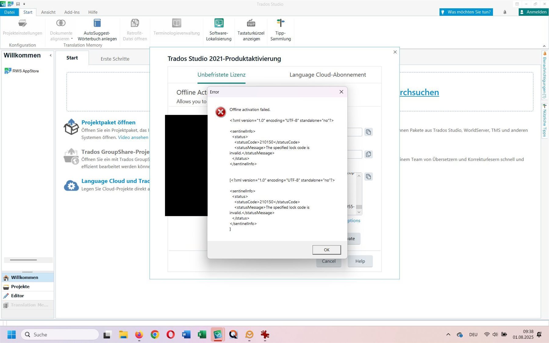 Trados Studio 2021 activation window displaying an error message in a pop-up stating 'Offline activation failed' with details about an invalid lock code.