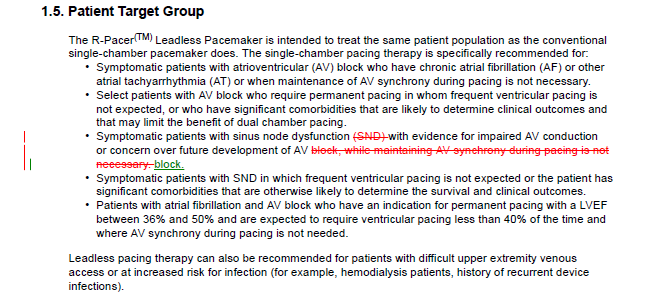 Screenshot of a document section titled '1.5. Patient Target Group' with text describing patient recommendations for the R-Pacer Leadless Pacemaker. Some text is highlighted in red with strikethrough.
